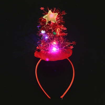 Diadema navideña de terciopelo con árbol de Navidad con luces y estrella de cinco puntas adhesiva con lentejuelas